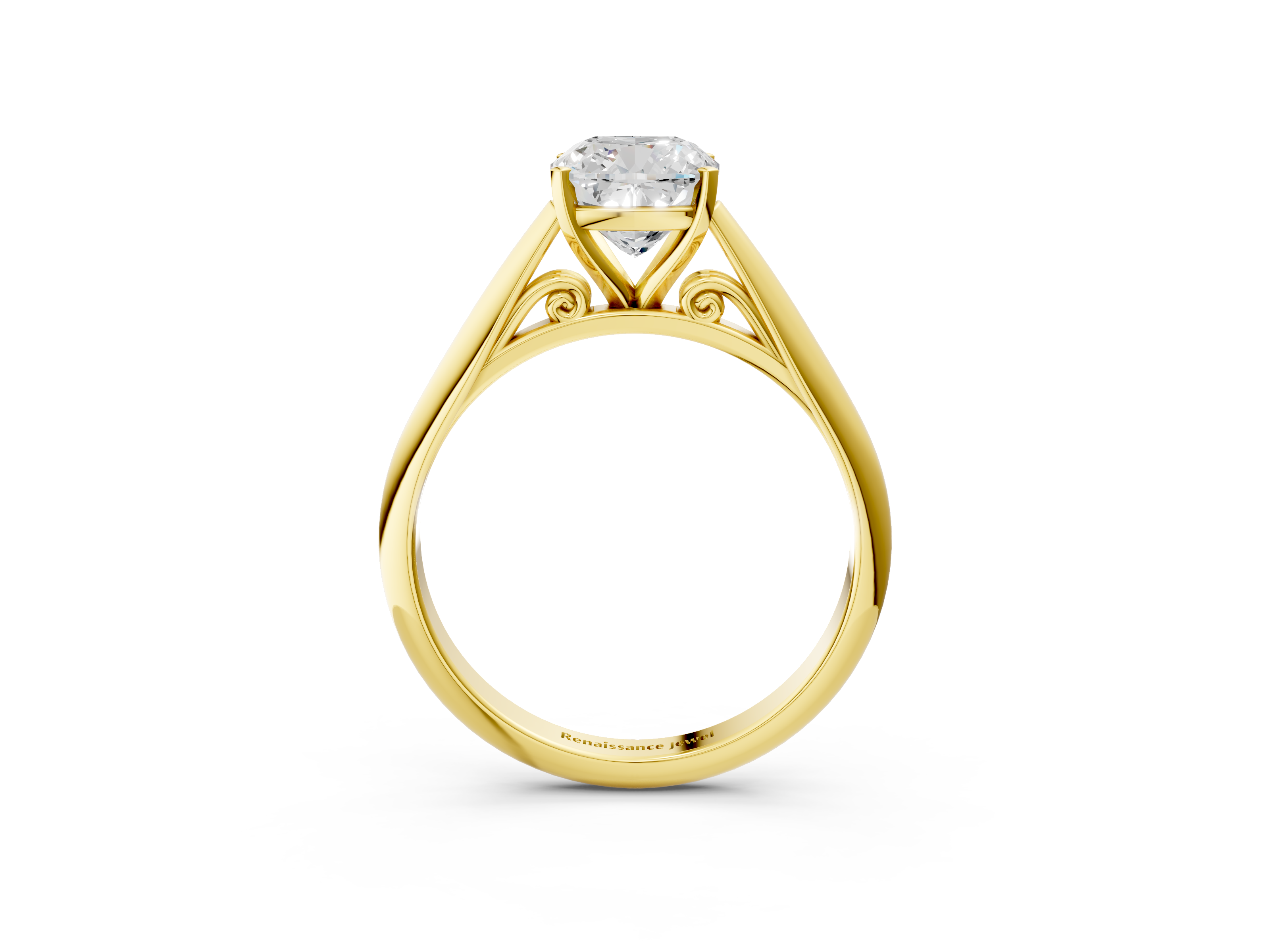 Yellow gold Cushion Solitaire Diamond Engagement Ring with Cathedral Setting and Four-Prong Mount on a Classic Band_205