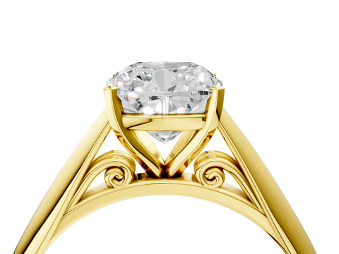 Yellow gold Cushion Solitaire Diamond Engagement Ring with Cathedral Setting and Four-Prong Mount on a Classic Band_206