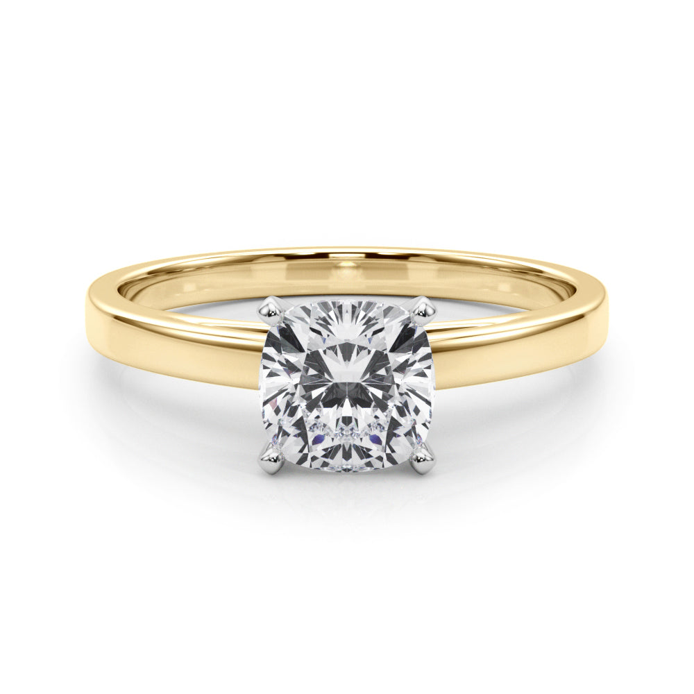 Yellow gold Cushion Solitaire Diamond Engagement Ring with Four-Prong Setting on a Classic Band 1