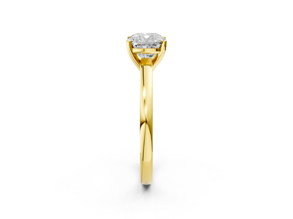 Yellow gold Cushion Solitaire Diamond Engagement Ring with Four-Prong Setting on a Classic Band