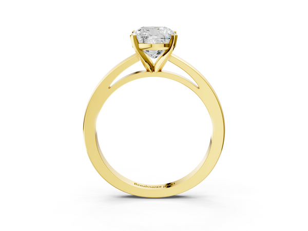 Yellow gold Cushion Solitaire Diamond Engagement Ring with Four-Prong Setting on a Classic Band