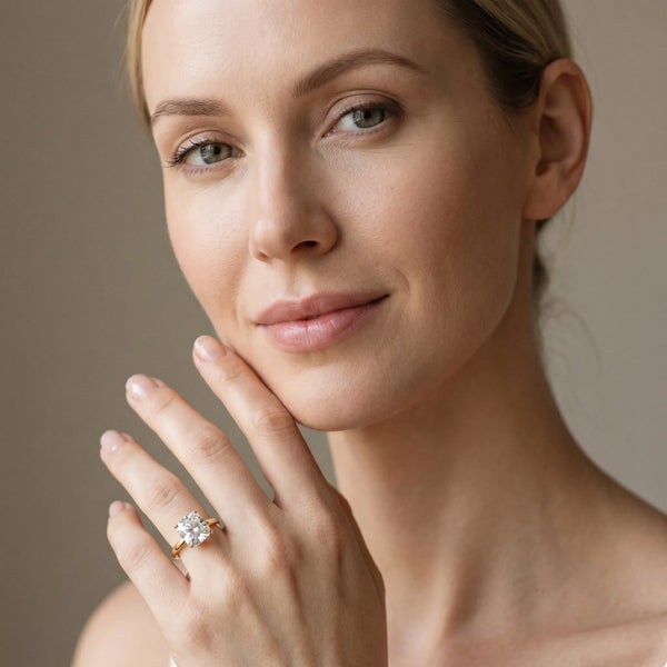 Yellow gold Cushion Solitaire Diamond Engagement Ring with Four-Prong Setting on a Classic Band