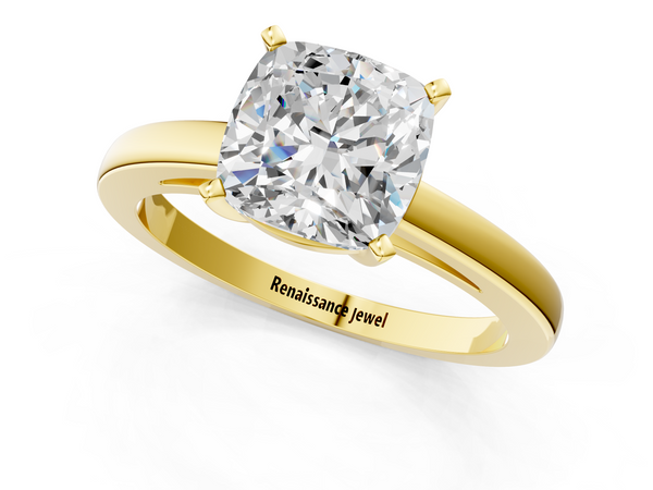 Yellow gold Cushion Solitaire Diamond Engagement Ring with Four-Prong Setting on a Classic Band