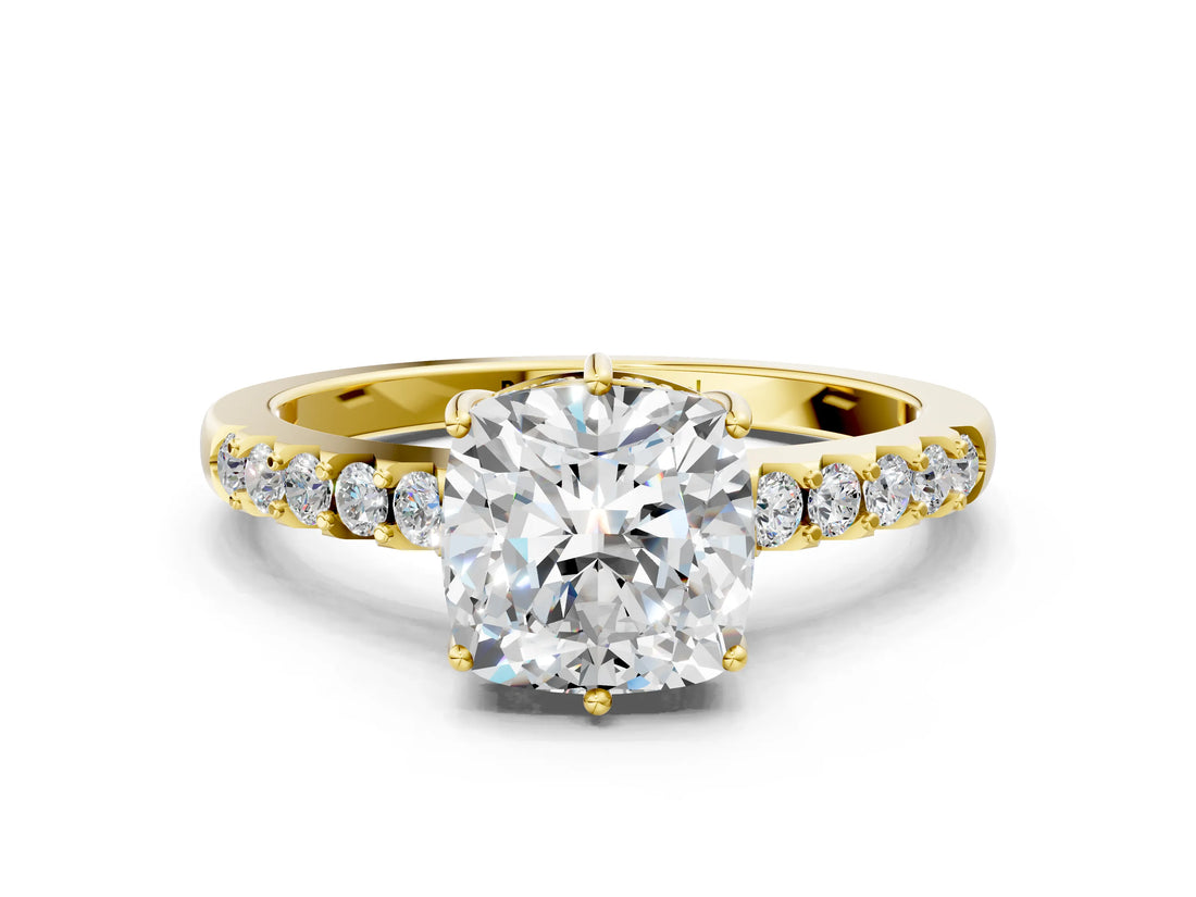 Yellow gold Cushion Solitaire Diamond Engagement Ring with Pavé Band and Six-Prong Setting_27