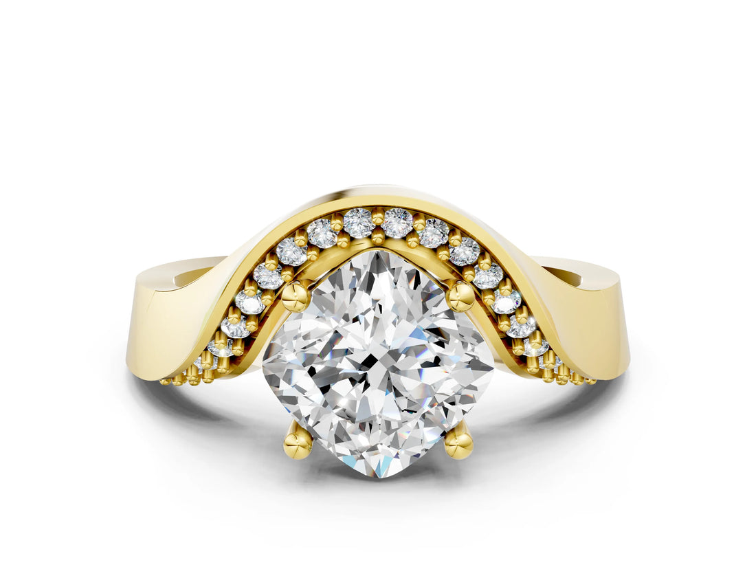 Yellow gold Cushion Solitaire Diamond Engagement Ring with Pave Band and Four-Prong Setting_26