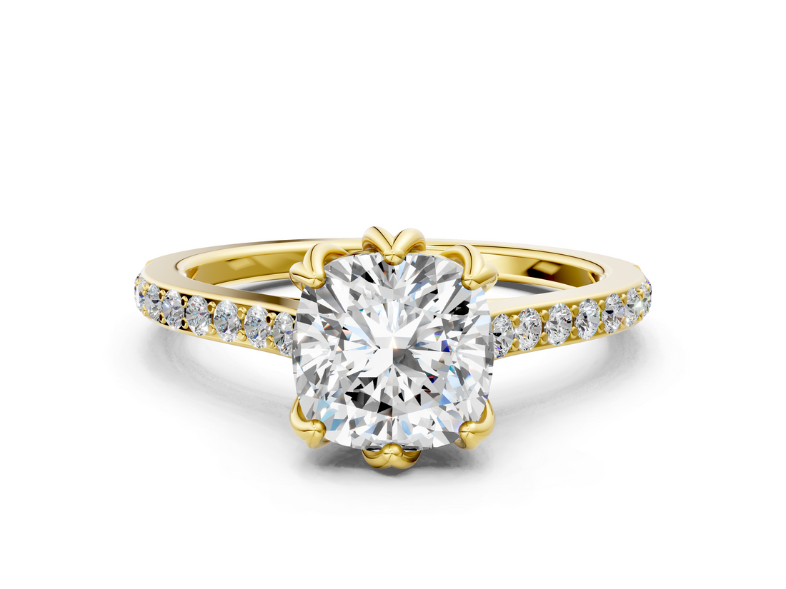 Yellow gold Cushion Solitaire Diamond Engagement Ring with Pave Band and Six-Prong Setting_42