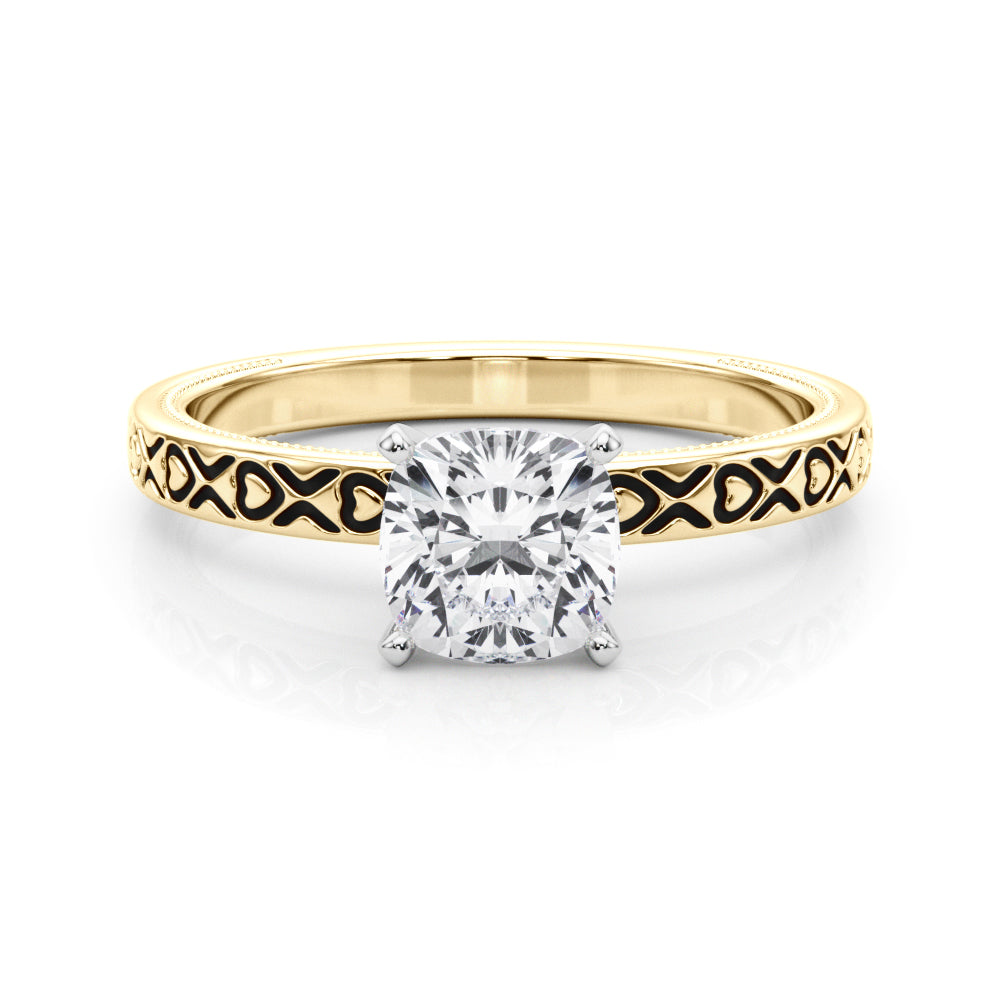 Yellow gold Cushion Solitaire Diamond Engagement Ring with XO Engraved Band and Four-Prong Setting 1