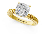 Yellow gold Cushion Solitaire Diamond Engagement Ring with XO Engraved Band and Four-Prong Setting 1