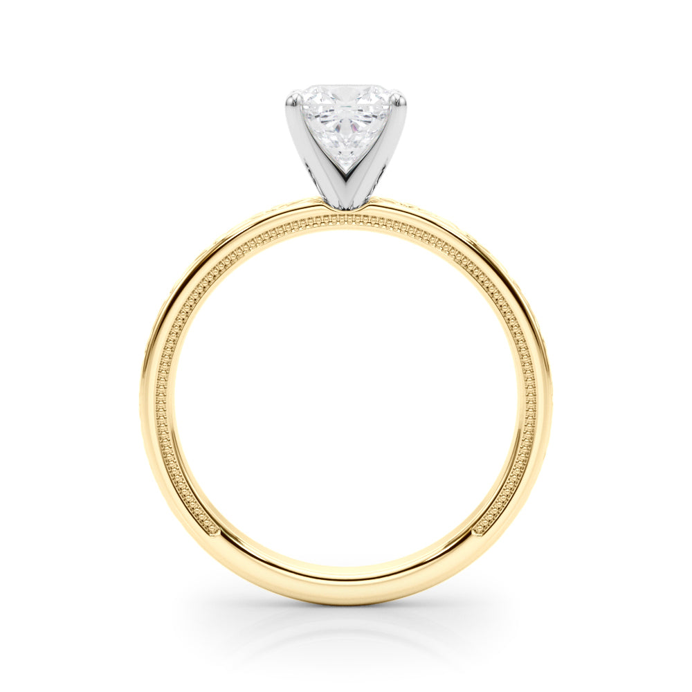 Yellow gold Cushion Solitaire Diamond Engagement Ring with XO Engraved Band and Four-Prong Setting 2