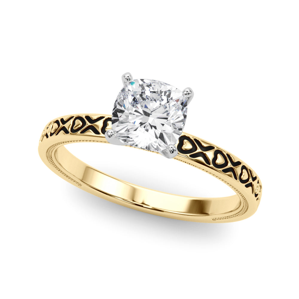 Yellow gold Cushion Solitaire Diamond Engagement Ring with XO Engraved Band and Four-Prong Setting