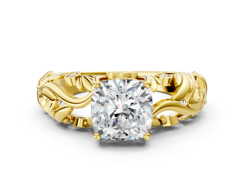 Yellow gold Cushion Solitaire Diamond Leaf Vine Band with Prong Setting_51