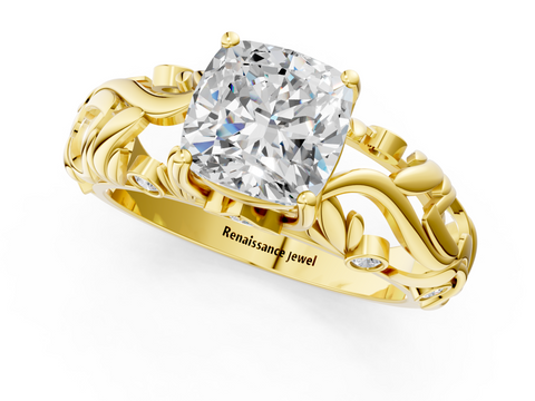 Yellow gold Cushion Solitaire Diamond Leaf Vine Band with Prong Setting_52