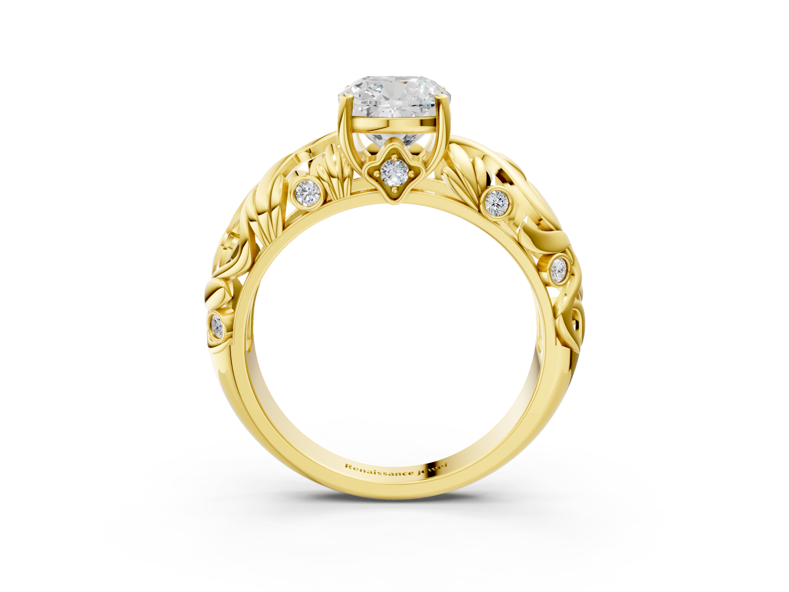 Yellow gold Cushion Solitaire Diamond Leaf Vine Band with Prong Setting_54
