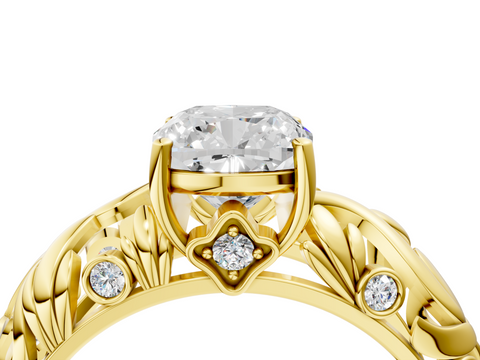 Yellow gold Cushion Solitaire Diamond Leaf Vine Band with Prong Setting_55