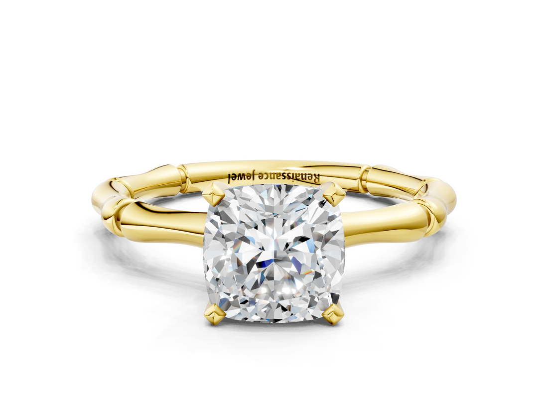 Yellow gold Cushion Solitaire Diamond Ring with Bamboo Band and Four-Prong Setting_55