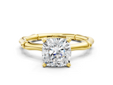 Yellow gold Cushion Solitaire Diamond Ring with Bamboo Band and Four-Prong Setting_55