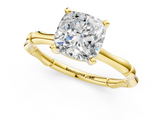 Yellow gold Cushion Solitaire Diamond Ring with Bamboo Band and Four-Prong Setting_56