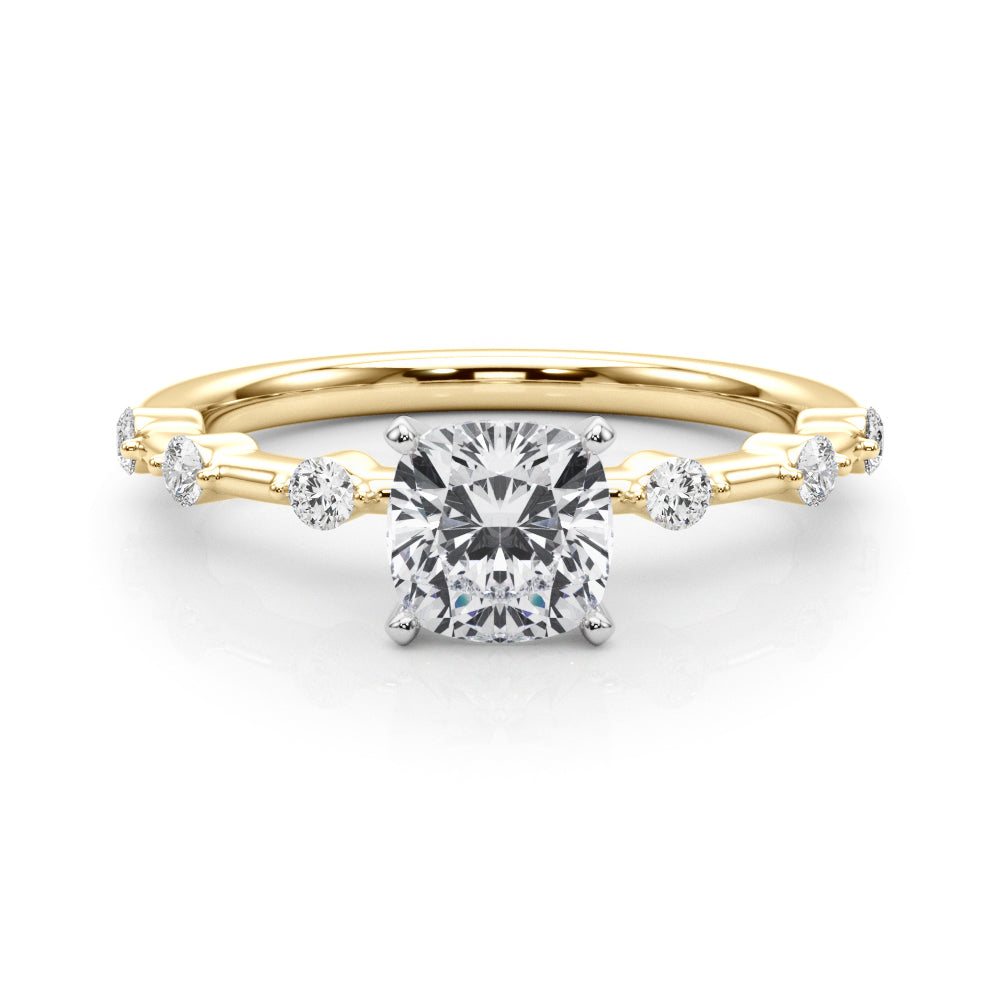 Yellow gold Cushion Solitaire Diamond Ring with Bezel Set Side Stones and Prong Setting 1