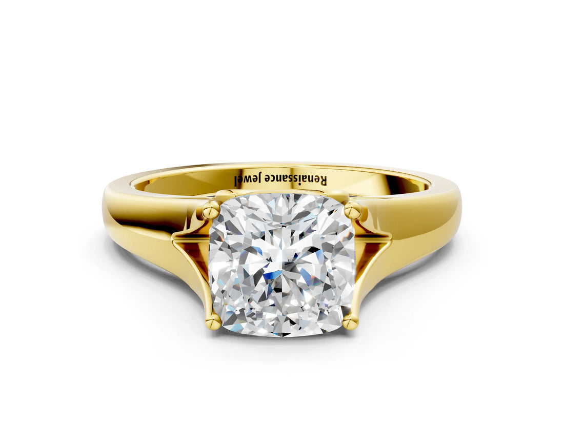 Yellow gold Cushion Solitaire Diamond Ring with Cathedral Band and Four-Prong Setting_66