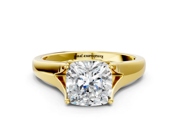 Yellow gold Cushion Solitaire Diamond Ring with Cathedral Band and Four-Prong Setting