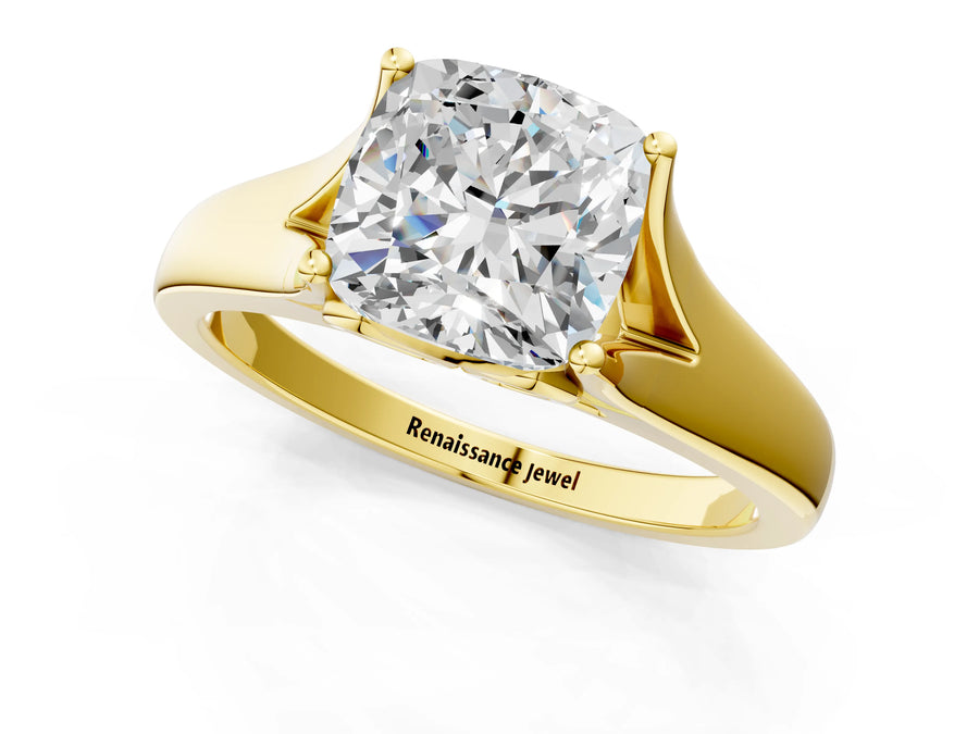 Yellow gold Cushion Solitaire Diamond Ring with Cathedral Band and Four-Prong Setting