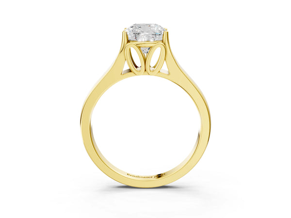 Yellow gold Cushion Solitaire Diamond Ring with Cathedral Band and Four-Prong Setting