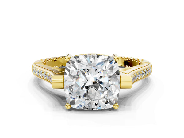 Yellow gold Cushion Solitaire Diamond Ring with Channel Set Band and Bezel Prong Setting