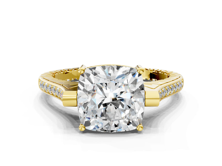 Yellow gold Cushion Solitaire Diamond Ring with Channel Set Band and Bezel Prong Setting
