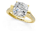 Yellow gold Cushion Solitaire Diamond Ring with Channel Set Band and Bezel Prong Setting_56