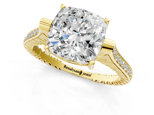 Yellow gold Cushion Solitaire Diamond Ring with Channel Set Band and Bezel Prong Setting