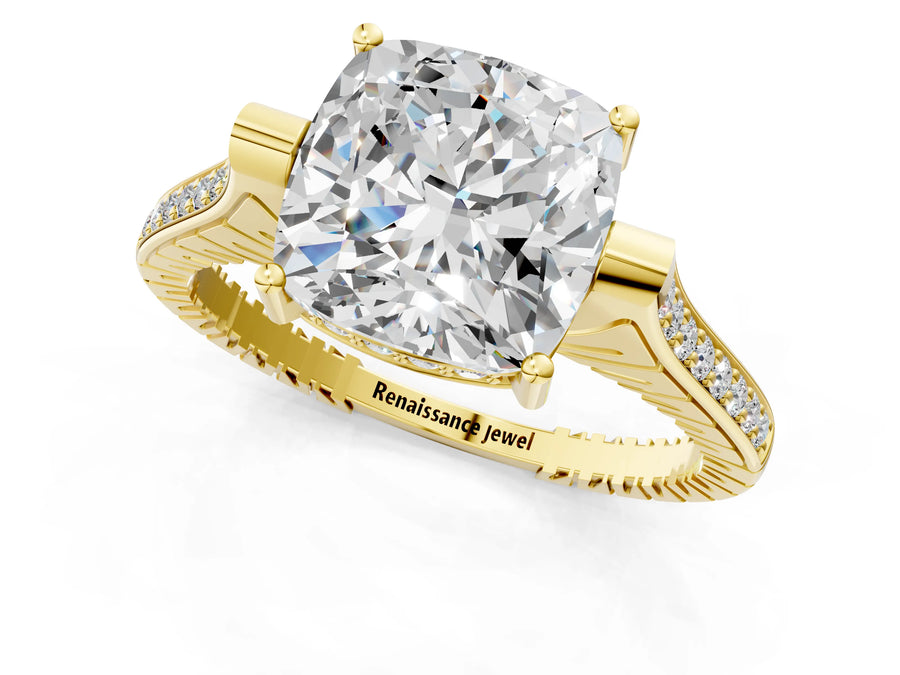 Yellow gold Cushion Solitaire Diamond Ring with Channel Set Band and Bezel Prong Setting