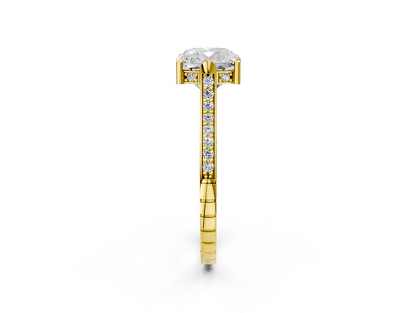 Yellow gold Cushion Solitaire Diamond Ring with Channel Set Band and Bezel Prong Setting