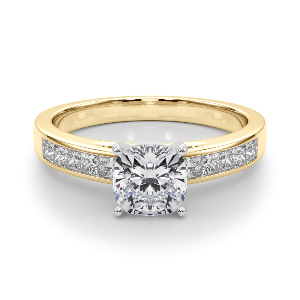 Yellow gold Cushion Solitaire Diamond Ring with Channel-Set Band and Four-Prong Setting 1