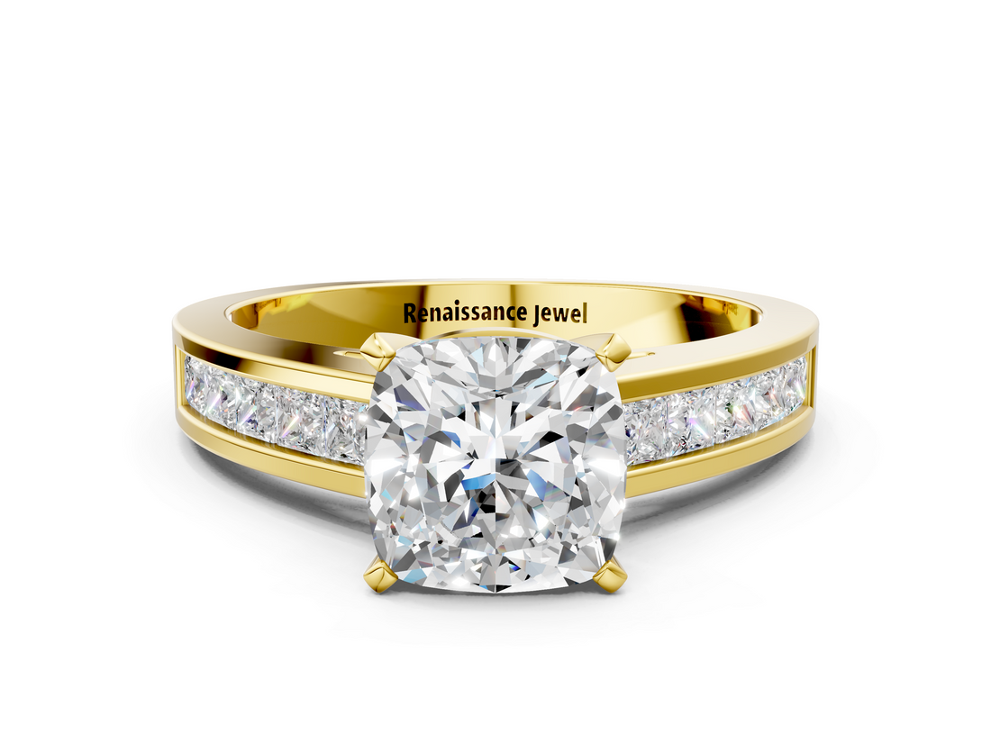 Yellow gold Cushion Solitaire Diamond Ring with Channel-Set Band and Four-Prong Setting_9
