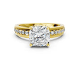Yellow gold Cushion Solitaire Diamond Ring with Channel Set Band and Six-Prong Setting_48