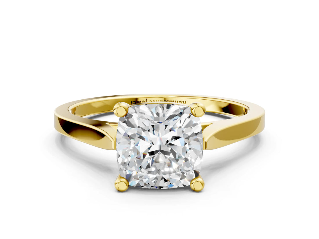 Yellow gold Cushion Solitaire Diamond Ring with Four-Prong Setting and Tapered Band 1