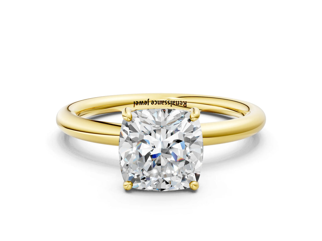 Yellow gold Cushion Solitaire Diamond Ring with Four-Prong Setting on a Plain Band_20