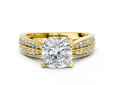 Yellow gold Cushion Solitaire Diamond Ring with Milgrain Pavé Band and Four-Prong Setting_142