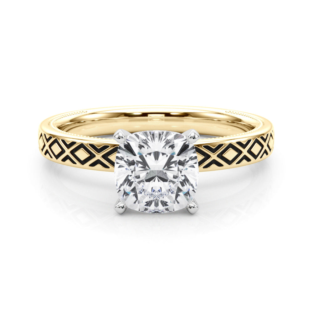 Yellow gold Cushion Solitaire Diamond Ring with Milgrain and Black Enamel X Pattern Band 1