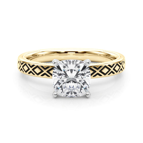 Yellow gold Cushion Solitaire Diamond Ring with Milgrain and Black Enamel X Pattern Band 1