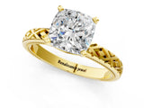 Yellow gold Cushion Solitaire Diamond Ring with Milgrain and Black Enamel X Pattern Band_81