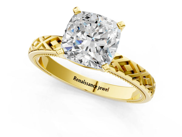 Yellow Gold Cushion Cut Vintage Solitaire Engagement Ring Setting with Milgrain X Pattern Band