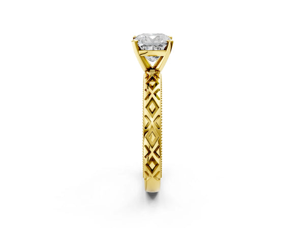 Yellow Gold Cushion Cut Vintage Solitaire Engagement Ring Setting with Milgrain X Pattern Band