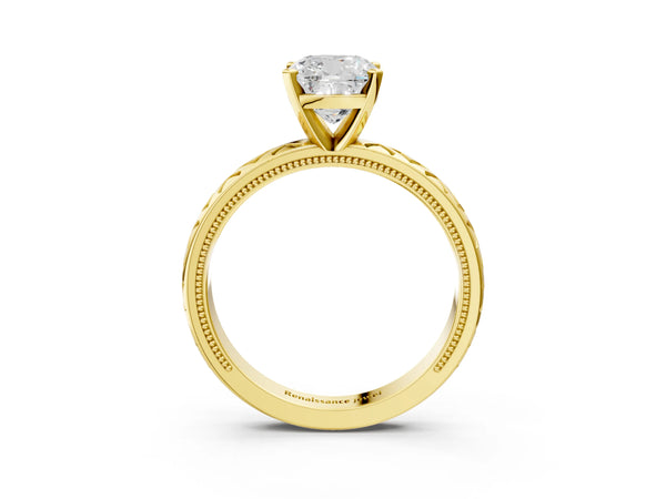 Yellow Gold Cushion Cut Vintage Solitaire Engagement Ring Setting with Milgrain X Pattern Band