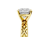 Yellow gold Cushion Solitaire Diamond Ring with Milgrain and Black Enamel X Pattern Band_85