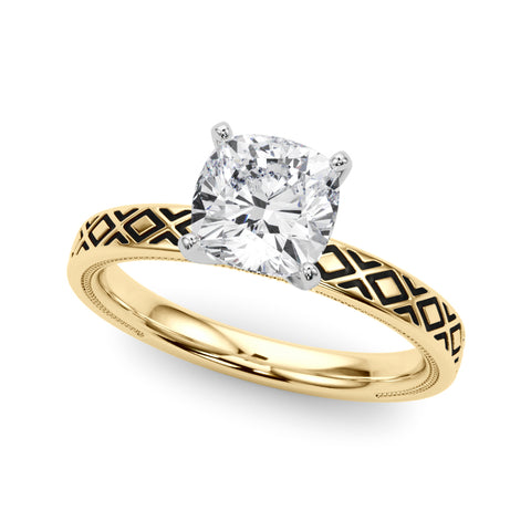 Yellow gold Cushion Solitaire Diamond Ring with Milgrain and Black Enamel X Pattern Band