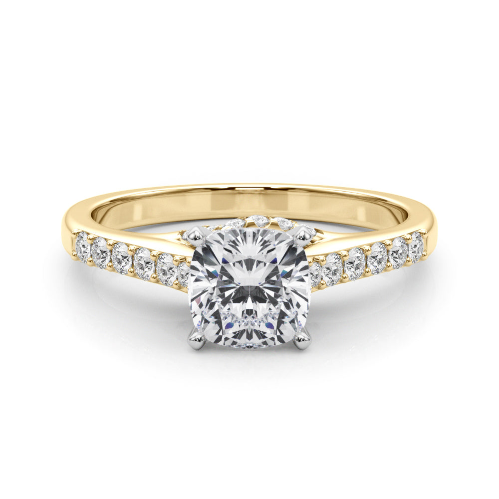 Yellow gold Cushion Solitaire Diamond Ring with Pavé Band and Four-Prong Setting 1