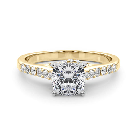 Yellow gold Cushion Solitaire Diamond Ring with Pavé Band and Four-Prong Setting 1