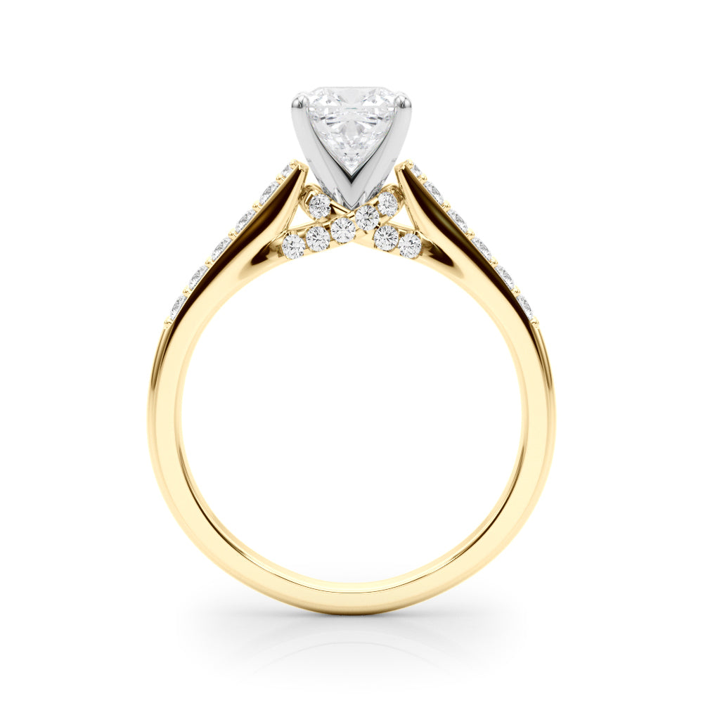 Yellow gold Cushion Solitaire Diamond Ring with Pavé Band and Four-Prong Setting 2