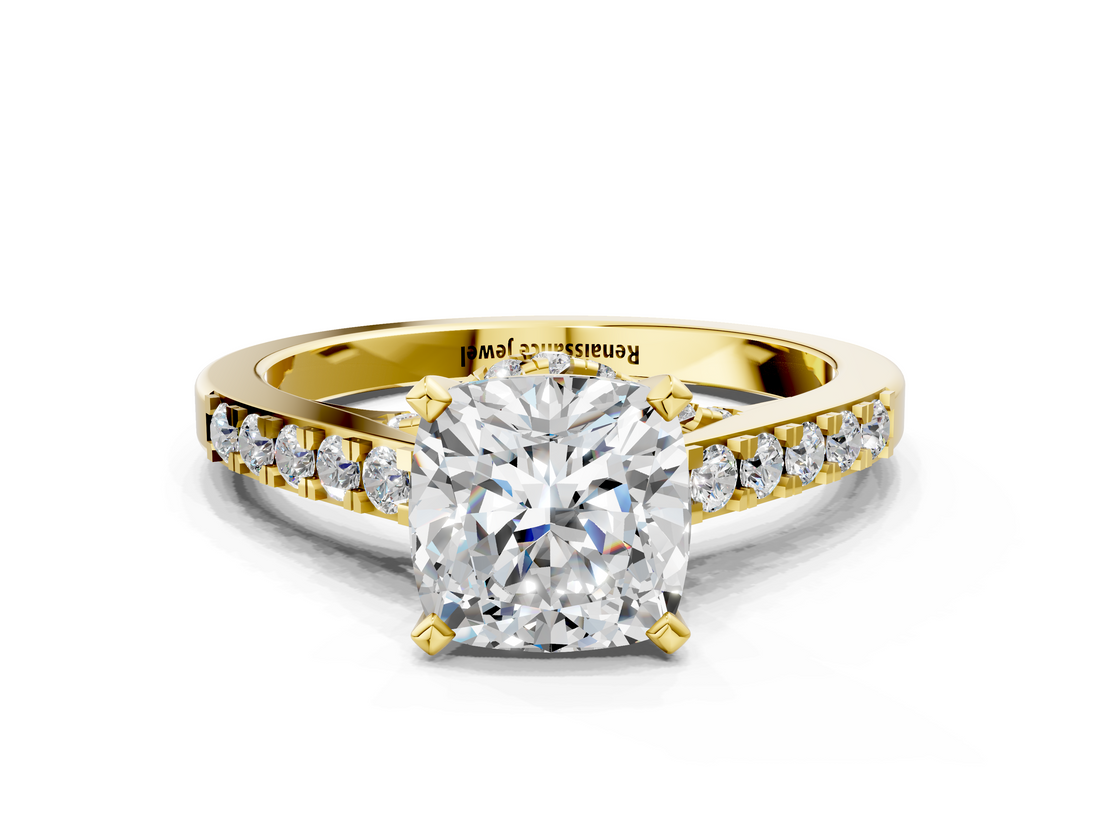 Yellow gold Cushion Solitaire Diamond Ring with Pavé Band and Four-Prong Setting_104